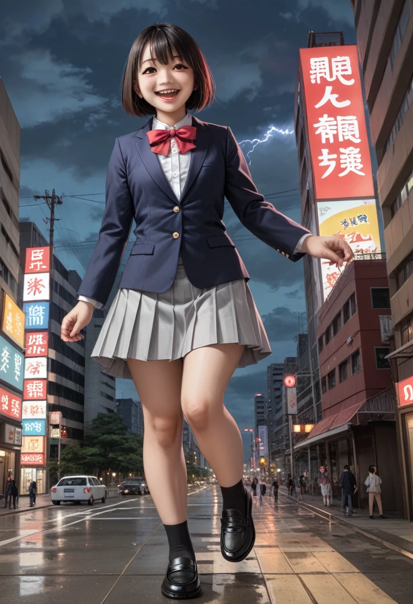 巨大なchild、Super giant girl、child、girl、giantess、Real、photograph、Realistic、Japanese women、model、Beautiful Face、Navy blue blazer、Grey Skirt、Red ribbon、Black Loafers、A woman bigger than the building、smile、Laughing with your mouth open、Villainess、Miniature city、Destroyed city view、Small breasts、short hair、Dark Sky、Dark Imagery、Miniature cityにしゃがみ込む女性、Detailed Description、High resolution、Black Cloud、lightning、thunder、Hurricane