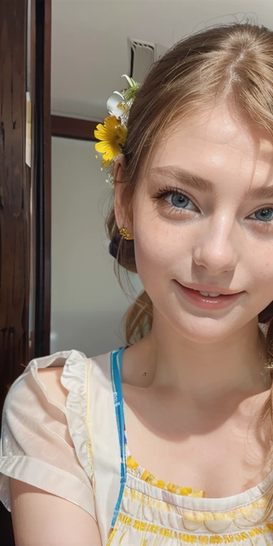 Photo of a  European girl, .RAW, beautiful woman, (Light brown hair ponytail) Ponytail hairstyle, yellow hair band, blue eyes , freckles on cheeks , Metal braces on the teeth , Nice smile , big smile , ((portrait)), ((detailed face:1.2)), ((detailed facial features)), (finely detailed skin), Pale skin,white short sleeve shirt with pink flower , medium breasts 、Yellow skirt with plaid pictures ,skirt with plaid patterns, flower buckle 、a sexy one(cool color), humid, humid, Reflectors, (Tabletop) (perfect proportions)(Realistic photos)(The best quality) (detailed) photographed with a Canon EOS R5, 50mm lens, f/2.8, NffSW, (8k) (wallpaper) (cinematic lighting) (Dramatic lighting) (sharp focus) (Convoluted) fashion, scenery , reflector light , Holding wooden doll