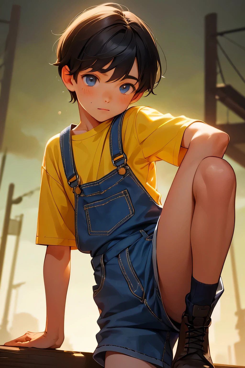 1boy,  british boy in overalls with shorts and a yellow shirt underneath, dynamic bending on knee poses, glowing blue eyes, outdoor, close-up