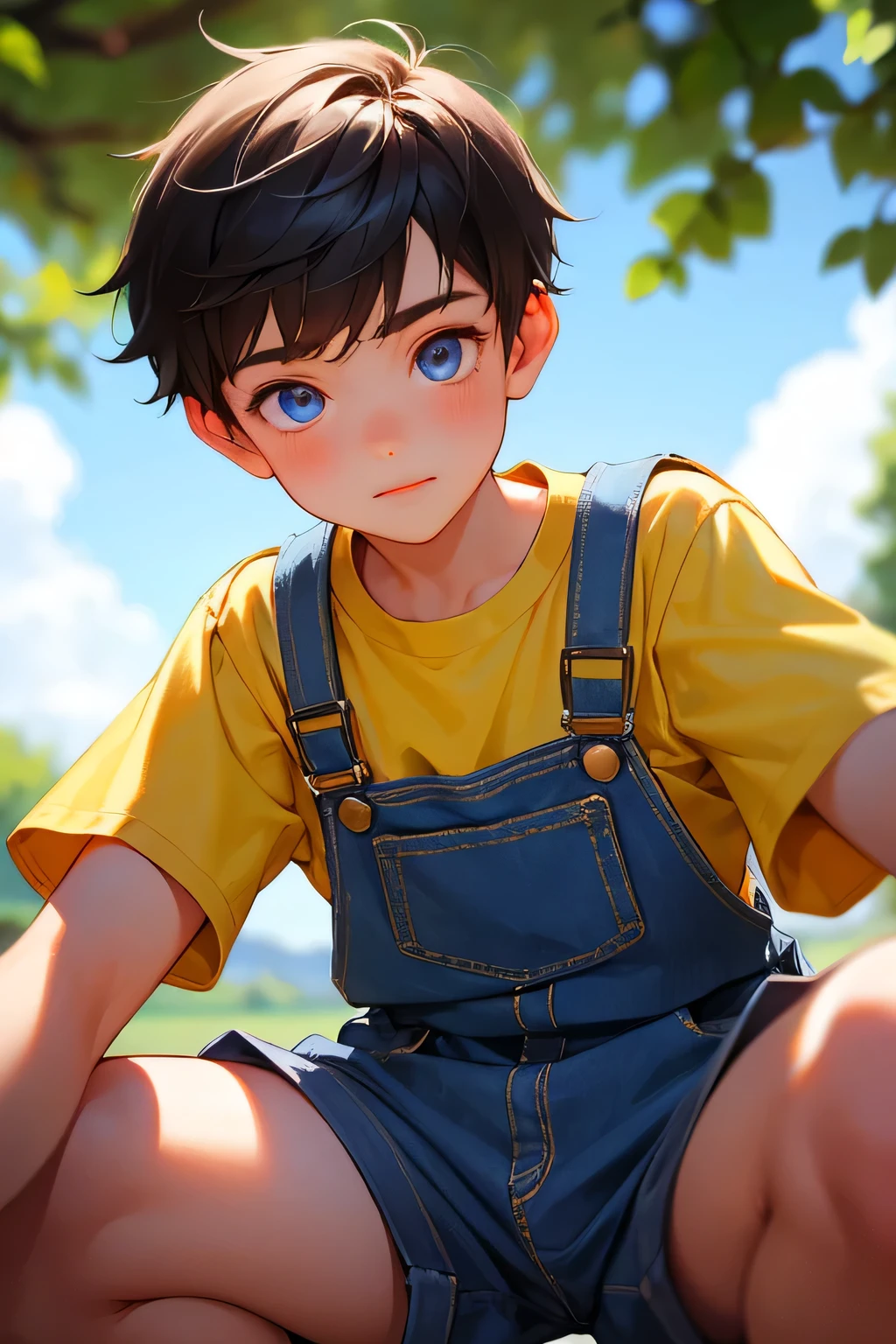 1boy,  british boy in overalls with shorts and a yellow shirt underneath, dynamic bending on knee poses, glowing blue eyes, outdoor, close-up