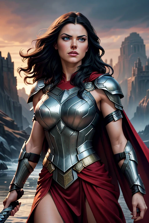 a beautiful lady sif, the wife of thor, portrait, intricate detailed face, long flowing hair, intense gaze, heroic expression, detailed armor, red cape, holding a sword, standing in a dramatic pose, detailed fantasy landscape background, epic cinematic lighting, cinematic rendering, volumetric lighting, dramatic colors, vibrant colors, (best quality,4k,8k,highres,masterpiece:1.2),ultra-detailed,(realistic,photorealistic,photo-realistic:1.37),fantasy,cinematic,dramatic