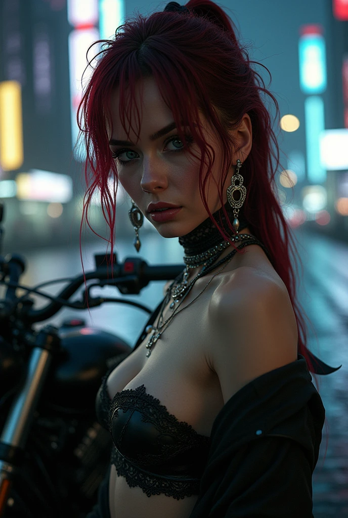 ((Very beautiful girl)), 8k, Young beautiful girl, ((dark red hair)), red long hair, with bangs, complex makeup, big breasts, ((perfect breasts)), ((plump lips)), inflated lips, big lips, ((big expressive black eyes)), big eyes, ideally beautiful girl, jewelry, glitter, ((perfect hands)) beautiful perfect figure, glowing belt, ((in cyber suit)), Background: neon, night, Washington, city, Los Santos, police car lots of details, neon lighting, contour neon lighting, ((sitting on the hood of a police car)),