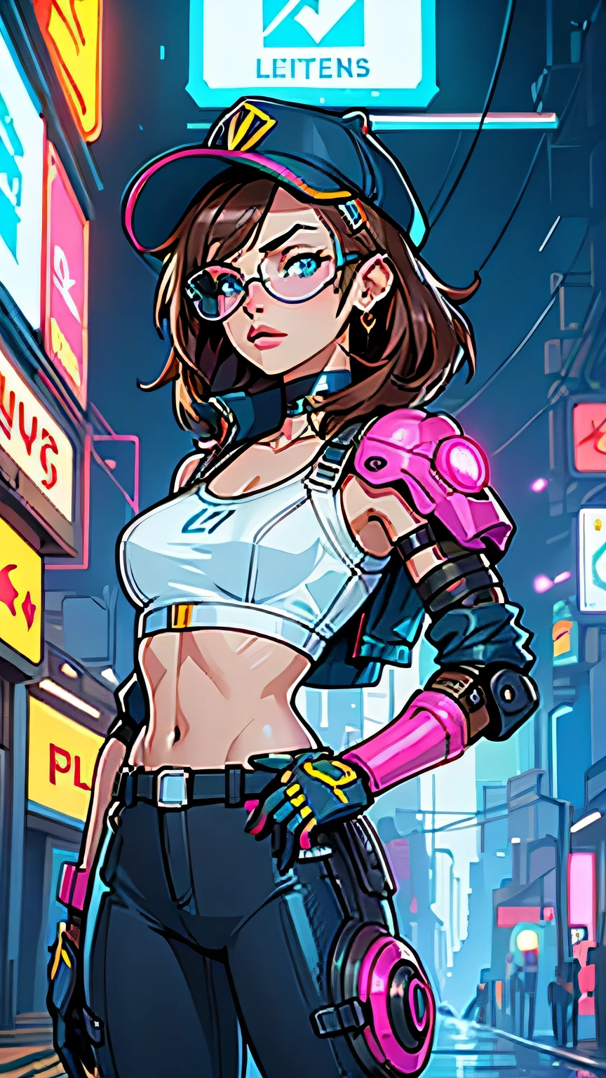 masterpiece, Best Quality, , (Alone), 1 girl, look for, luz outfit, , horizon_(legends of the apex), safety glasses, blue eyes, Brown hair, gauntlets, shoulder armor, Hats, (parts:0.5), , (science_Fiction), outdoor, Street, Neon lights, cyberpunk, Cyberpunk Armadura, highlighting your figure, choker