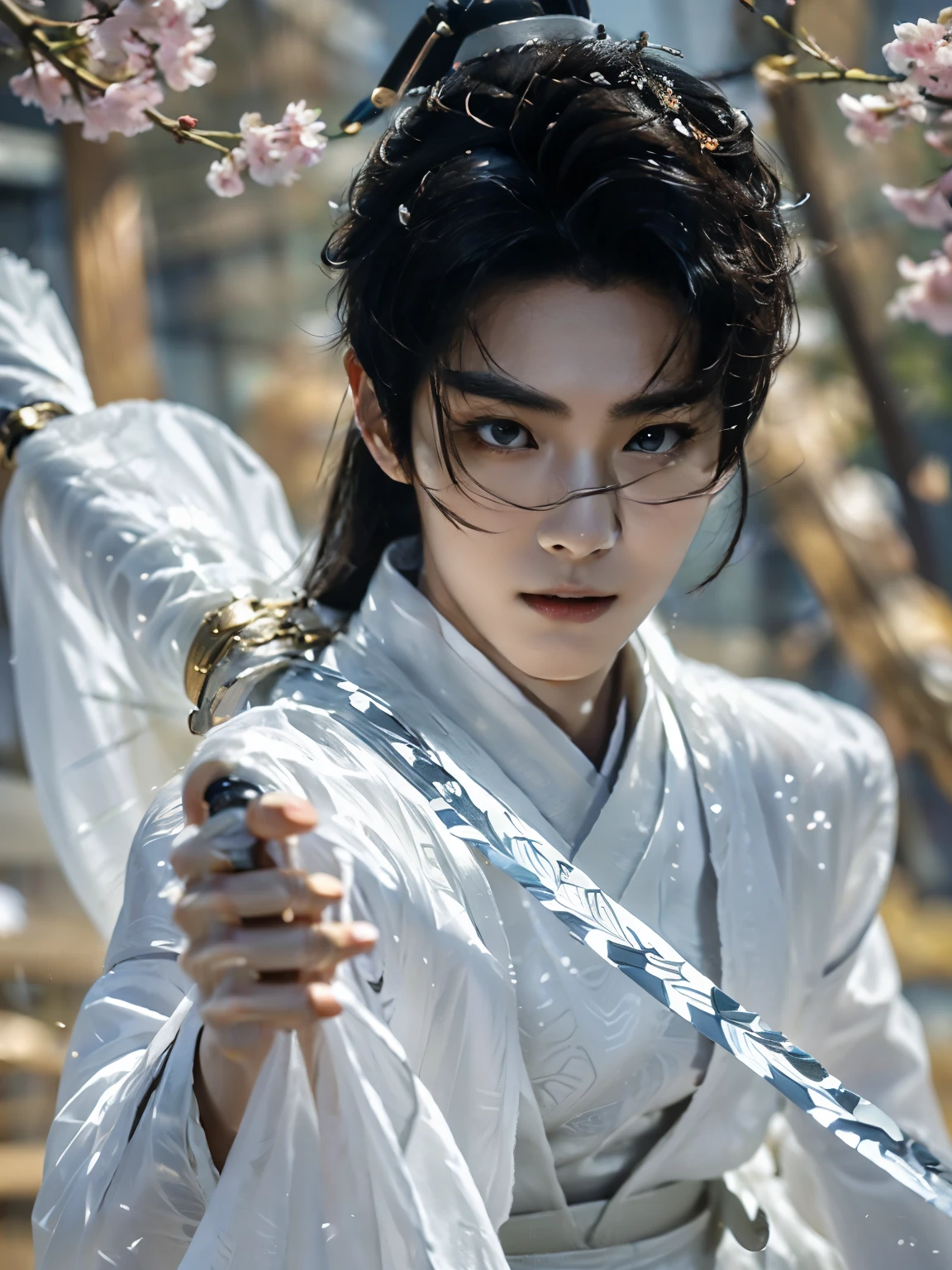 (A asian pretty Boy, cute boy:1.1), (absurdres, realistic, masterpiece:1.2), RAW photo, best quality, 8K,1boy, ulzzang boy, chinese idol, very handsome, perfect face, Extremely detailed, Practical:1.5, professional photography, Bright colors, Clear focus, young, slender, muscular, slim muscular, (perfect hands, 5 fingers) , Black short hair, clear and beautiful detailed eyes, Playful expression, soft skin, detailed skin, (open Hanfu transparent tulle jacket, white short pants:1.4), (only a sword:1.2), (strike pose, holding sword, blade down, blade right hand) , detailed highlights and shadows, Excellent body proportions, Correct anatomy, male focus, flowers, Studio Lighting, gentlesunlight, Cinematic Lighting, Warm colors, full-body shot, Chinese courtyard,