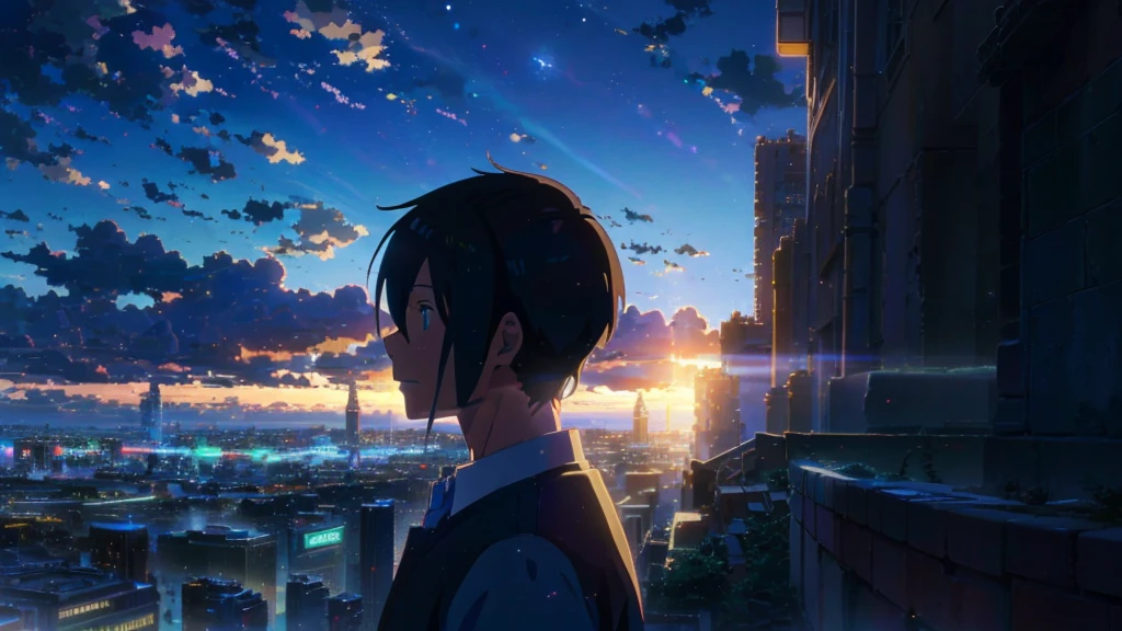 Anime scene of an abandoned city under blue sky, Anime drawing by Makoto Shinkai, Topics on pixiv, Magic realism, Beautiful anime scene, Space Sky. by Makoto Shinkai, ( ( Makoto Shinkai ) ), by Makoto Shinkai, Anime Background Art, Makoto Shinkai style. Detail enhancements, Perfect detail handling, Huge Cloud