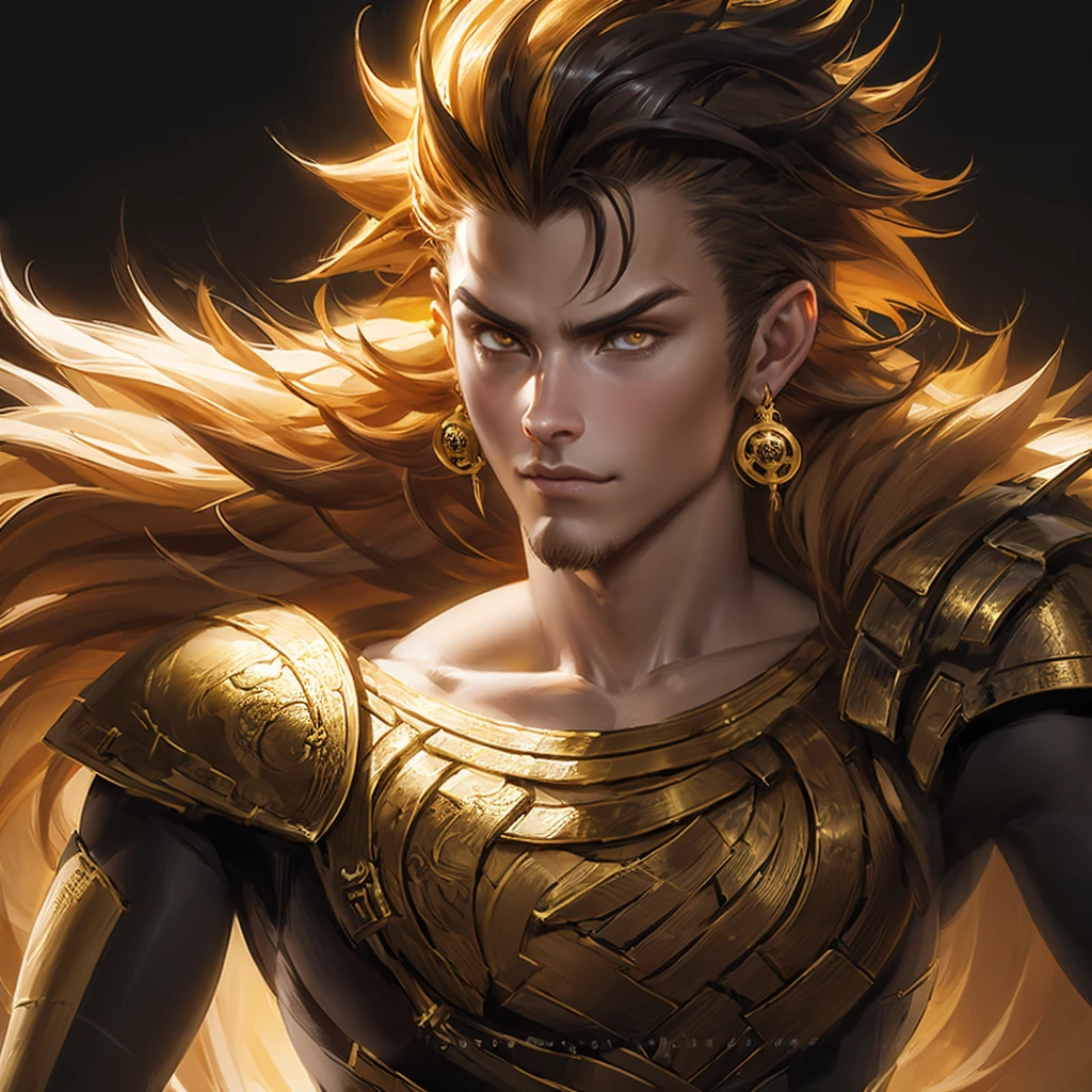 a half body front facing portrait of the monkey king, golden brown facial hair, medium length spiky hair, humanoid demigod, in front of a black smoky background, showing shoulder and torso wearing red and gold armor, humanlike face, high detail chinese 3d game art style, low saturation