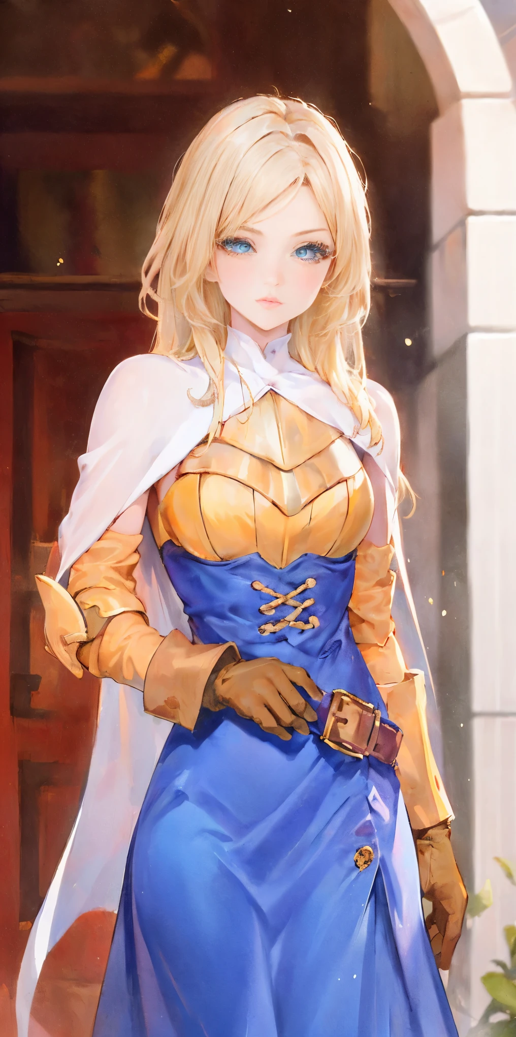 (masterpiece, best quality), 1girl,  KnightFFT, long hair, blonde hair, blue eyes, cape, armor, blue dress, belt, gloves, boots