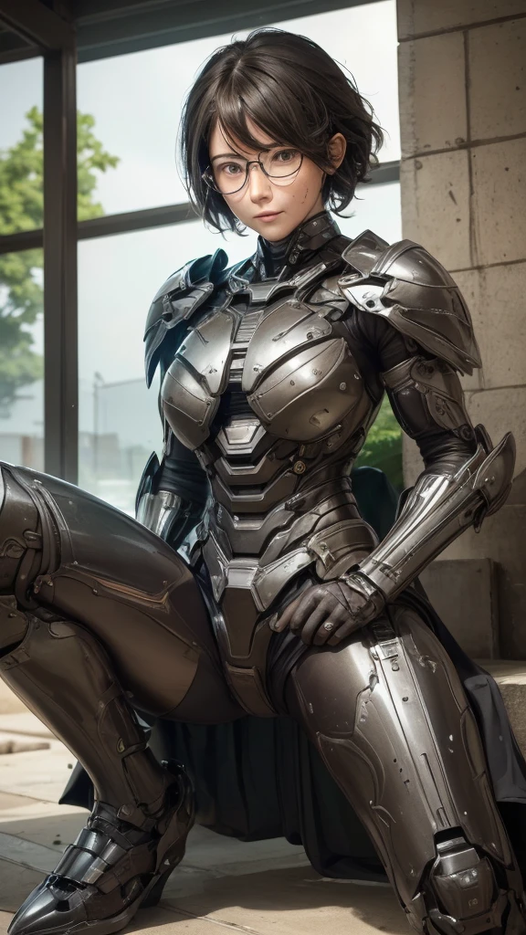 Textured skin, Super Detail, Attention to detail, high quality, 最high quality, High resolution, 1080P, hard disk, beautiful,(War Machine),beautifulサイボーグ女性,Dark Green Mecha Cyborg Girl,battle,Middle-aged woman with a mechanical body　Aunt　Very Short Hair、Sweaty brown eyes、Sweaty face、freckles　Embarrassed expression　blush　cute　Black-haired　((Steam coming out of the head)) Glasses　Lie　((Spread your legs))　M foot opening　(Shyness)