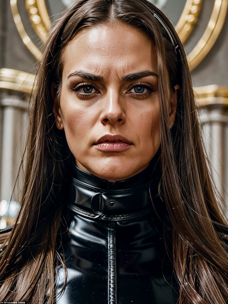 Close-up portrait of a tall german dominatrix looking at us, POV, very tanned skin, extra long brown wavy hair, huge saggy breasts hanging down, grey eyes, angry facial expression, long leather opera gloves, high tight leather collar, (age 35 yo), long slim face, sacred altar, extremely slim waist, small head