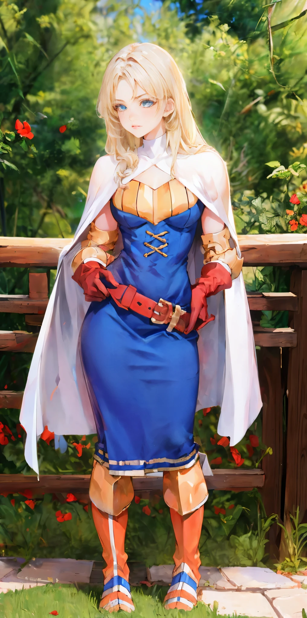 (masterpiece, best quality), 1girl,  KnightFFT, long hair, blonde hair, blue eyes, cape, armor, blue dress, belt, gloves, boots