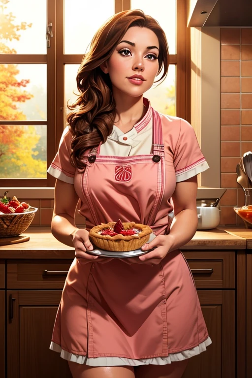 a cute woman (2, cute chef outfit) presenting a strawberry pie to the viewer, cozy kitchen, photorealistic, 8k, masterpiece, highly detailed, realistic lighting, warm color tones, soft focus, cinematic composition, beautiful detailed eyes, beautiful detailed lips, extremely detailed face, long eyelashes, charming expression, standing pose, intricate details, glossy strawberry pie, stainless steel kitchen appliances, wooden countertop, tiled floor, sunlight streaming through window, food photography