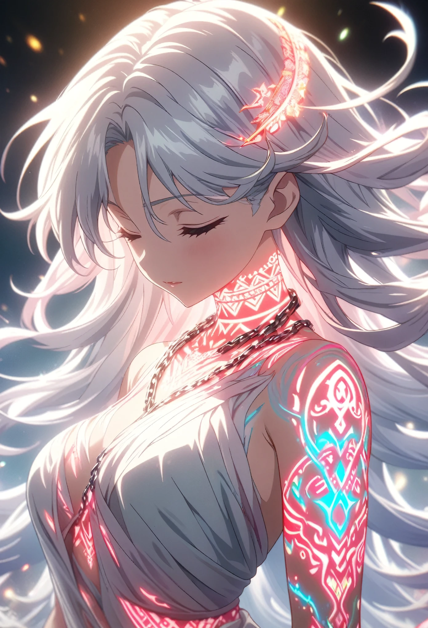 Masterpiece, best quality, highly detailed CG Unity 8k wallpaper, anime screenshot, female anime character with a thick chain of silver neon wrapped around her body from her neck to her body. Art of a female anime character with a glowing red and white neon tribal pattern tattoo and chains spiraling all over her body. There's a nice soft-focus effect in this scene with the flowing hair, highlighting the magical glow of the tattoo. Close your eyes and pose in prayer.