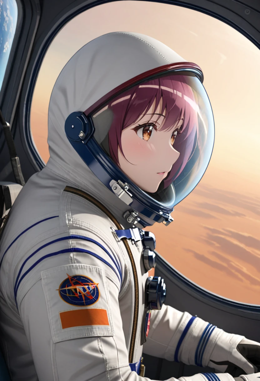 ((Female pilot in the cockpit of a reconnaissance plane), (airplane cockpit), (in flight), (10000 feet altitude)、(sky view):1.7),, short hair, street, emo, BLACK hair, white eyes, eyeliner, apocalypse, girl, nside the (cockpit:1.9) of a (futuristic spaceship:1.6), , blush,sitting on a chair, covered navel, space helmet, space helm, plug suit , space helmet, eva helm, space suit, short hair, spacesuit, astronaut
from side, 