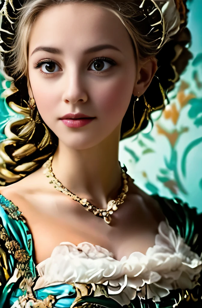 a close up of a woman wearing a dress and a necklace, gorgeous kacey rohl, 1 7 th century duchess, in victorian aristocrat, inspired by Eliseu Visconti, exquisite aristocratic,