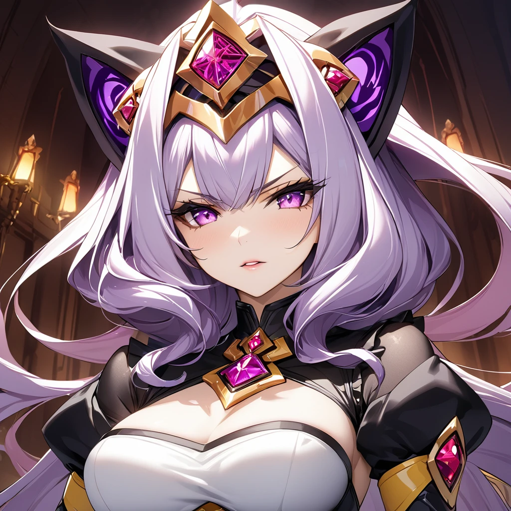 ((Highest quality)), ((masterpiece)), (detailed), （Perfect Face）、The woman has light purple hair in Extia Magica、The woman turns to evil, becomes a member of an evil organization, and becomes the queen of evil.