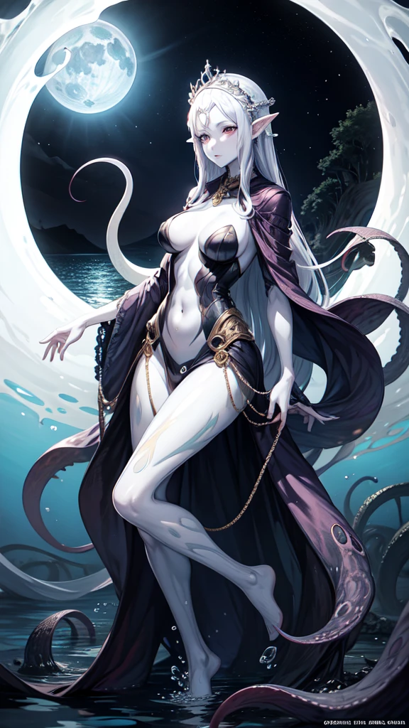 Mature Woman, Vivid,saturated color、Pale skin、Octopus tentacles、Octopus lower body、In the water、water surface、Dynamite Body、Beautiful woman、monster Girl、Moonlit Sea