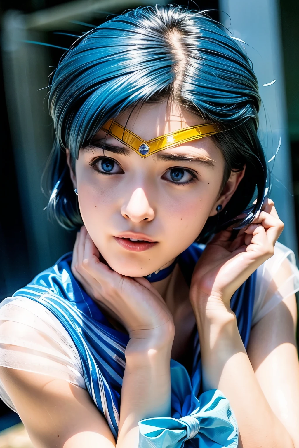 (realistic, photo-realistic:1.4), (best quality,masterpiece:1.2), RAW photo, high resolution, intricate details, extremely detailed, realistic and sharp details, cinematic lighting, portrait, solo, 1girl, sailor mercury, mer1, AmiMizuno, a Japanese female idol wearing a sailor senshi uniform, smuniform, (jewelry, circlet, crescent earrings, blue sailor collar, neck ribbon, blue knee boots, white elbow gloves, blue choker, blue skirt), (short hair, blue hair:1.5), seductive pose, detailed face, detailed eyes, pale skin, fine-textured skin, (perfect anatomy, prefect hands), octane rendering, goddess of water,