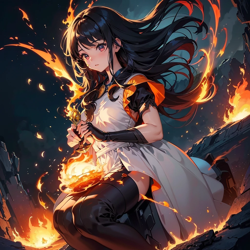 1girl,Perfect Anatomy、(((Highest quality、Masterpiece、Official Art、Super detailed、Award-winning works、Delicate hair、The best composition)))、Anime Style、power of fire、The most beautiful fire art in the world、Fire splashes rising from the earth&#39;s crust、The power of the earth、