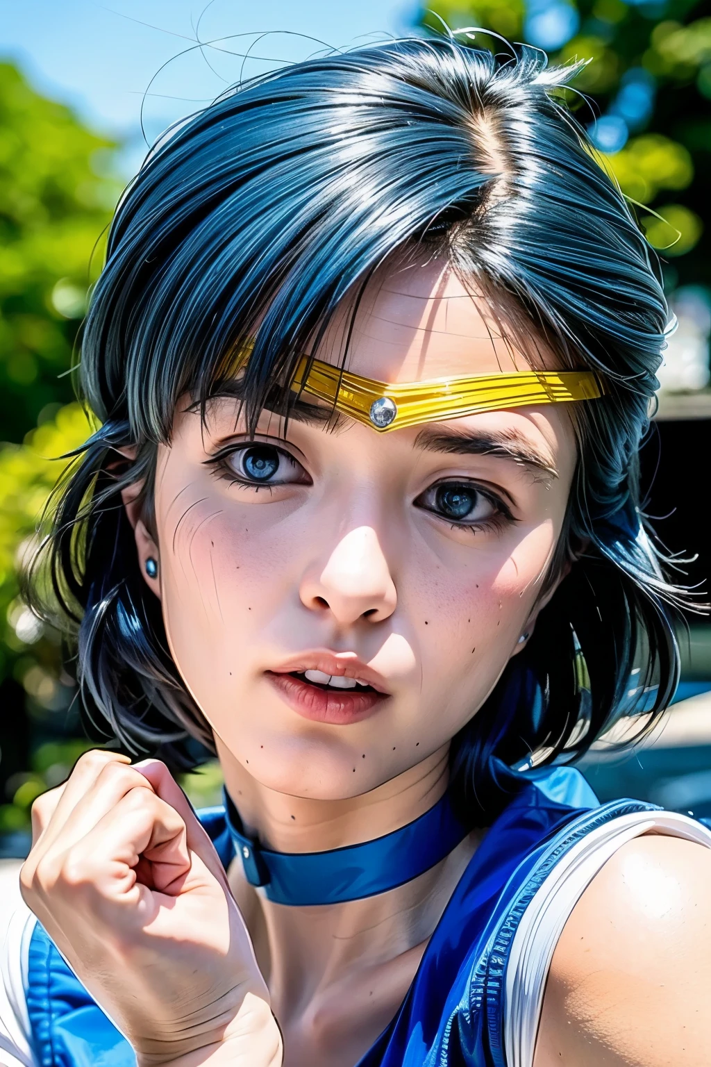 (realistic, photo-realistic:1.4), (best quality,masterpiece:1.2), RAW photo, high resolution, intricate details, extremely detailed, sharp focus, cinematic lighting, portrait, solo, 1girl, sailor mercury, mer1, AmiMizuno, a Japanese female idol wearing a sailor senshi uniform, smuniform, (jewelry, circlet, crescent earrings, blue sailor collar, neck ribbon, blue knee boots, white elbow gloves, blue choker, blue skirt), (short hair, blue hair:1.5), seductive pose, detailed face, detailed eyes, sophisticated nose, pale skin, fine-textured skin, (perfect anatomy, prefect hands), photo background, outdoors,