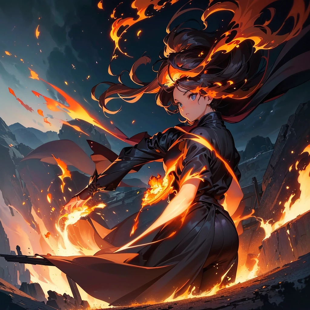 1girl,Perfect Anatomy、(((Highest quality、Masterpiece、Official Art、Super detailed、Award-winning works、Delicate hair、The best composition)))、Anime Style、power of fire、The most beautiful fire art in the world、Fire splashes rising from the earth&#39;s crust、The power of the earth、Black sailor suit、Brandishing a sword with one hand、cool、