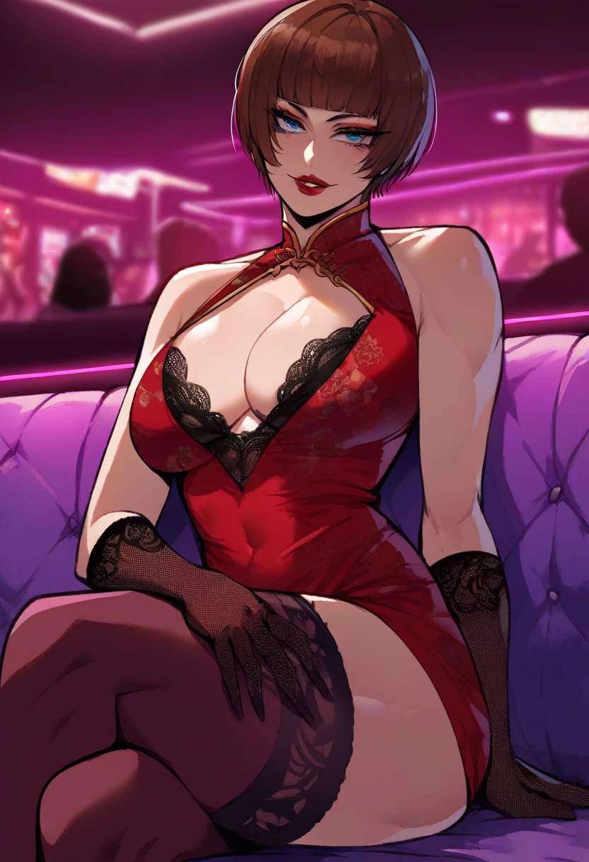 (Score_9, score_8_up, score_7_up, score_6_up), (adult, futanari, seductive face, seductive expression), crossed legs, nightclub interior, lounge, knee up, close up, brown hair, bobcut, bangs, big breasts, blue eyes, red lips, full lips, eyeliner, red qipao, floral pattern, lace gloves, cleavage, stockings, Anna_Williams \(Tekken\), Nyantcha Style, purple lighting, source_anime, rating_explicit 