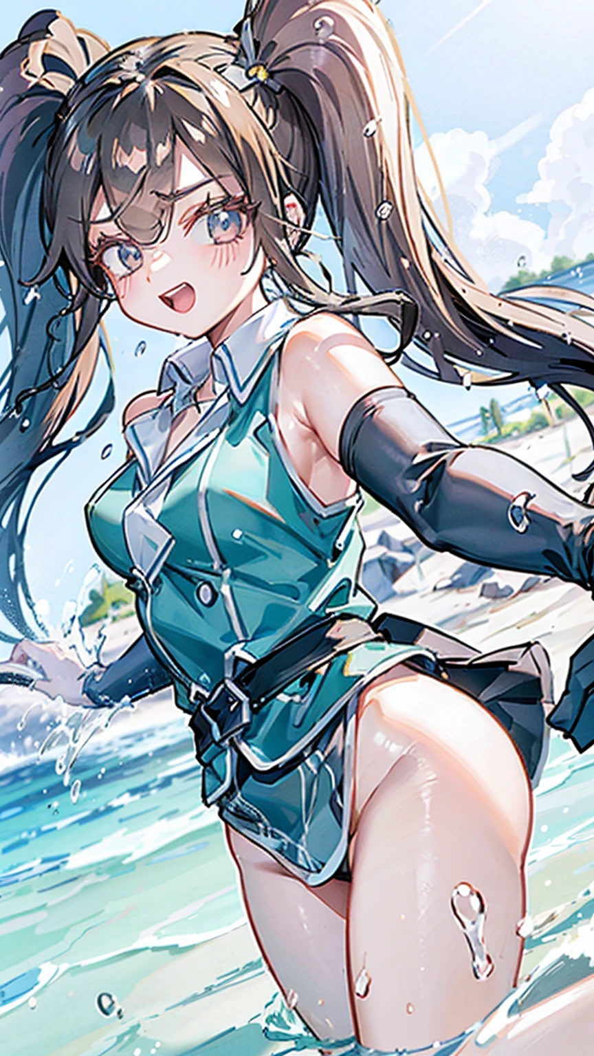 tone,/(kantai_collection/),(((Having fun splashing around in the water at the beach))),in uniform,twintail_hair,closed_one_eye