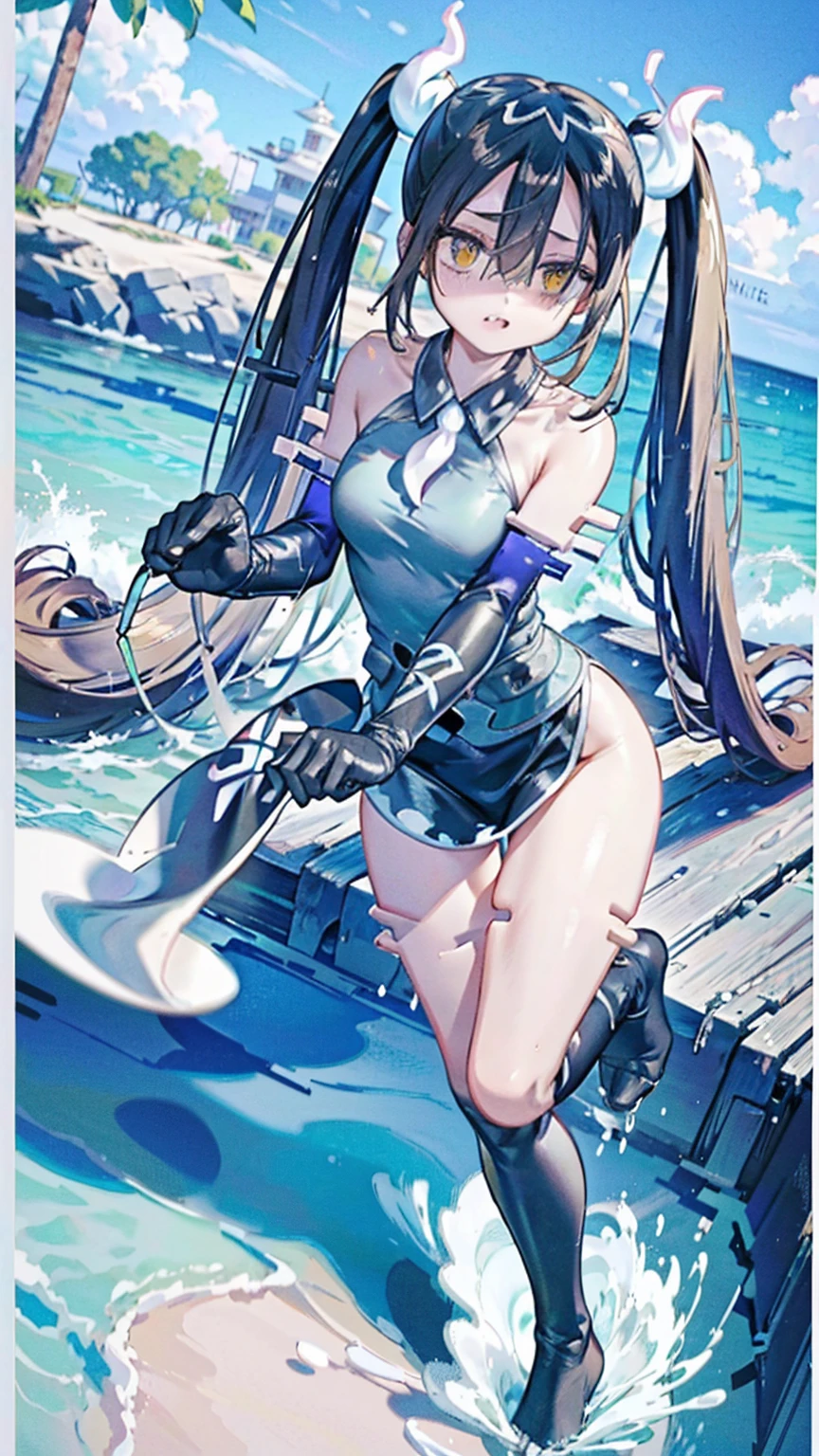 tone,/(kantai_collection/),(((Having fun splashing around in the water at the beach))),in uniform,twintail_hair,closed_one_eye