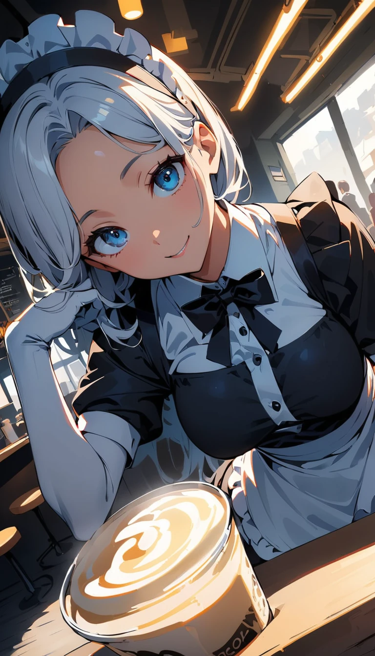 (high quality, 8k, 4K, High Contrast, masterpiece:1.2, 最high quality, Best aesthetics), , maid, Very detailed, Seductive and erotic girl with lace headdress, smile, (Regular milk, Silver fur), Focus on the face, Focus on the face, Complex eyes, tights, laced tights, coffee shop, Ground angle shot, Viewers looking up, feet in tights, Open-chested clothing