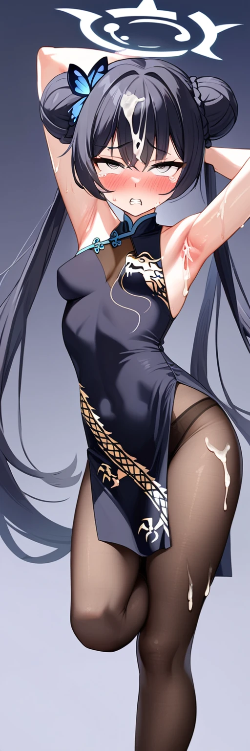 sweat, frown, clencheed teeth, crying with eyes open, rolling eyes, ahegao, black dress, arms up, double bun, halo, chinese clothes, china dress, side slit, 1girl, solo, long hair, looking at viewer, blush, bangs, black hair, dress, twintails, closed mouth, small breasts, armpits, hair bun, cum on body, cum on armpits, cum on hair, cum on legs, cum on clothes, narrow waist, slender waist, pantyhose, armpits, full body, black panties, skirt lift, grey eyes, angry, salvia, standing on one leg, spread legs, panties under pantyhose, standing split, kisaki, (see-through cleavage:1.4), butterfly hair ornament, side hair ornament,