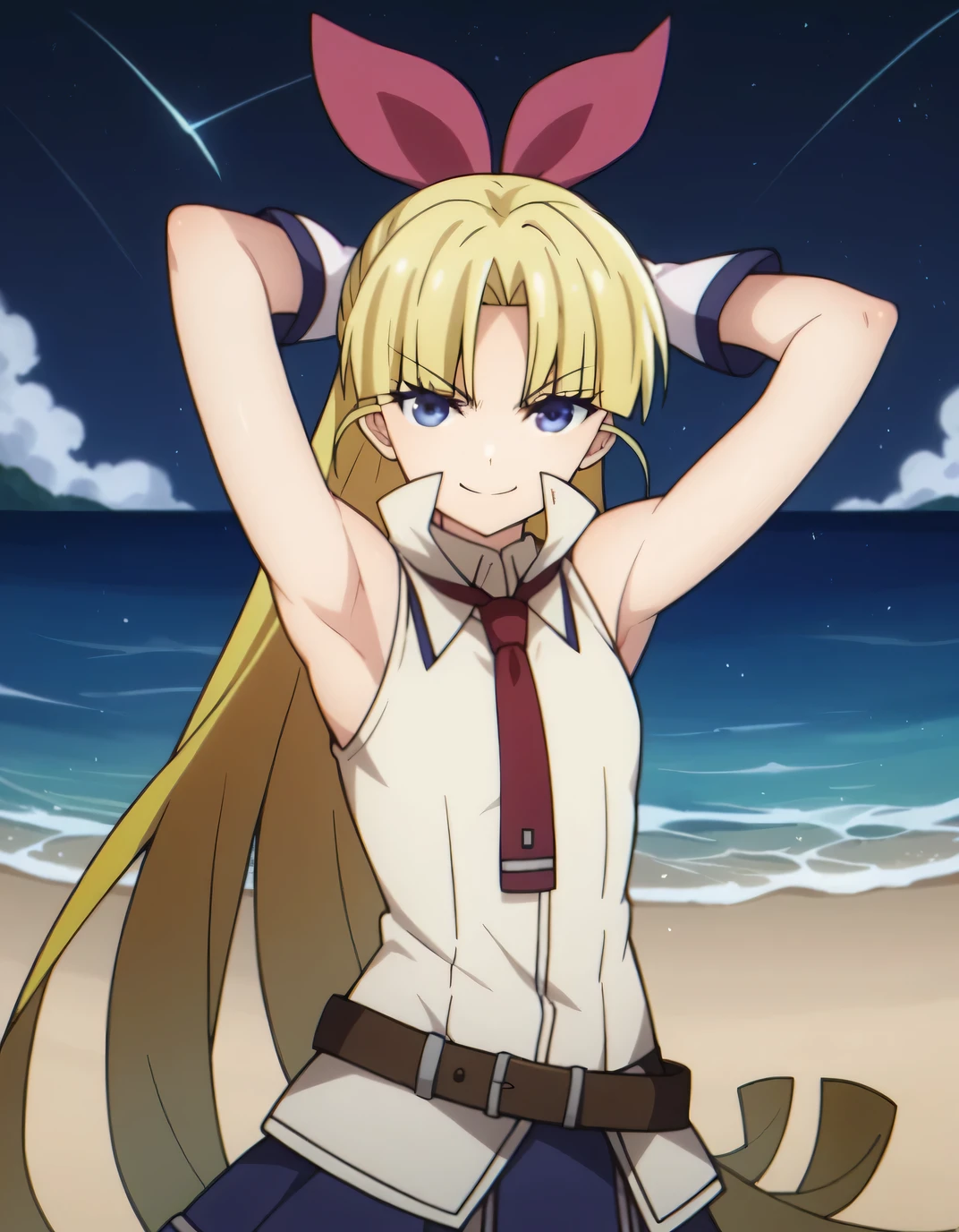 lucy from chrono ark, 1girl, solo, small breast, soft smile, looking at viewer, blurry background, outdoors, half body, slim, ((masterpiece)), best quality, high detailed illustration, high detailed background, hi-res, standing, upper body, (bikini), showing her back
