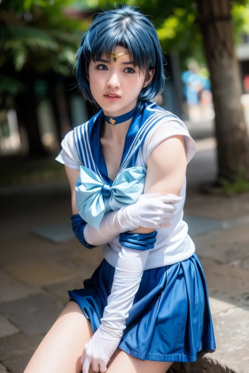 (realistic, photo-realistic:1.4), (best quality,masterpiece:1.2), RAW photo, high resolution, intricate details, extremely detailed, sharp focus, cinematic lighting, (full body, frontal photography), solo, 1girl, sailor mercury, mer1, AmiMizuno, a Japanese female idol wearing a sailor senshi uniform, smuniform, (jewelry, circlet, crescent earrings, blue sailor collar, neck ribbon, blue knee boots, white elbow gloves, blue choker, blue skirt), (short hair), (blue hair:1.8), model pose, detailed face, detailed eyes, sophisticated nose, pale skin, fine-textured skin, (perfect anatomy, prefect hands), photo background, outdoors,