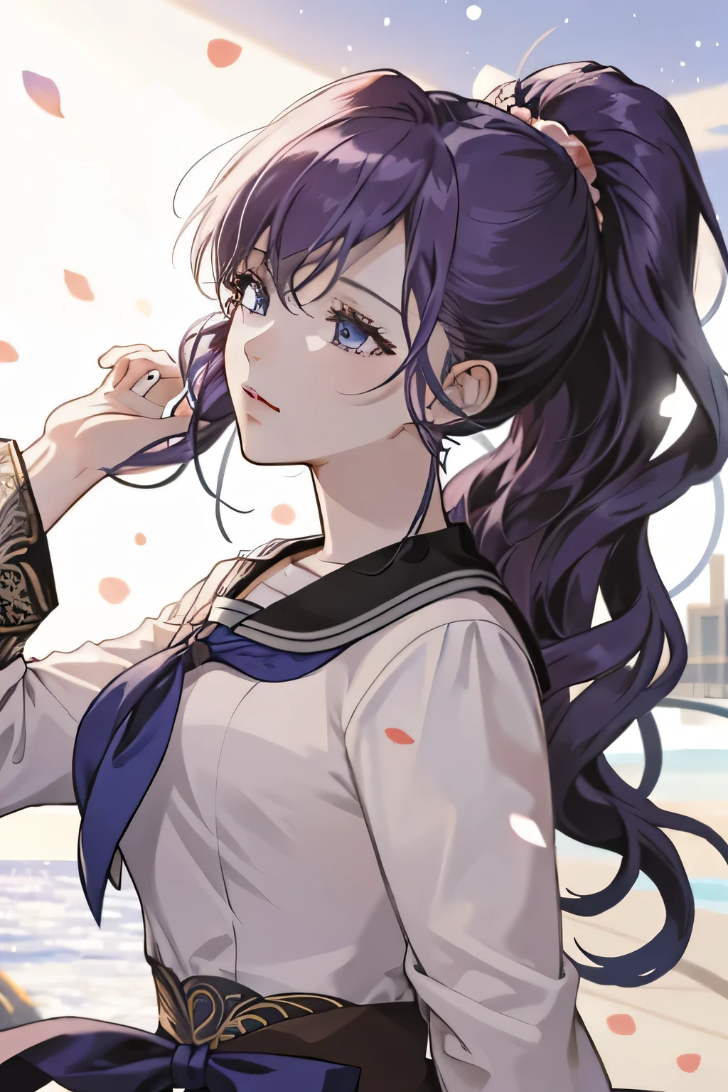 (8k, HD, best quality, intricate details, dark colors, masterpiece: 1.2) 1girl, solo, long hair, shiny hair, purple hair, blue eyes, ponytail, scrunchie, high ponytail, asahina mafuyu, project sekai, shadowed face, expressionless, downcast shadowed face, dull eyes, sailor uniform, {{raised right hand}}