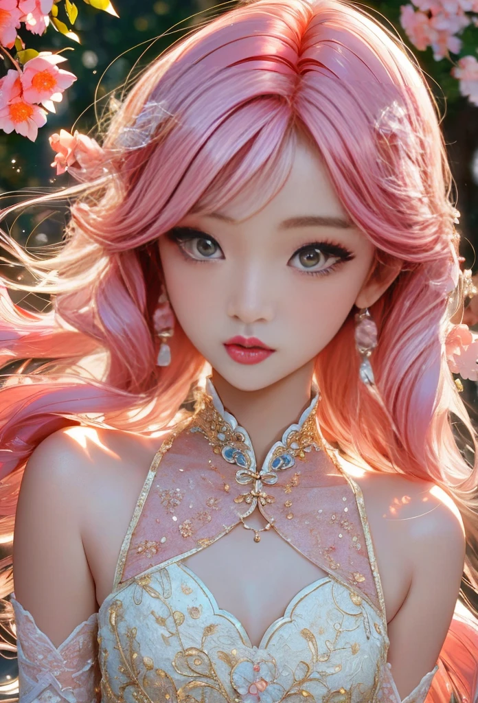 Gentle and lovely Chinese beauty, delicate sexy collarbone, Attractive goose egg face, double eyelid, smart peach blossom eyes, pink lips, small upturned nose, bare shoulders, Focused Faces, face close up, Ultra HD, super detail, full body photo, Very thin translucent, The optimal ratio for pink hair is four fingers and one thumb., 