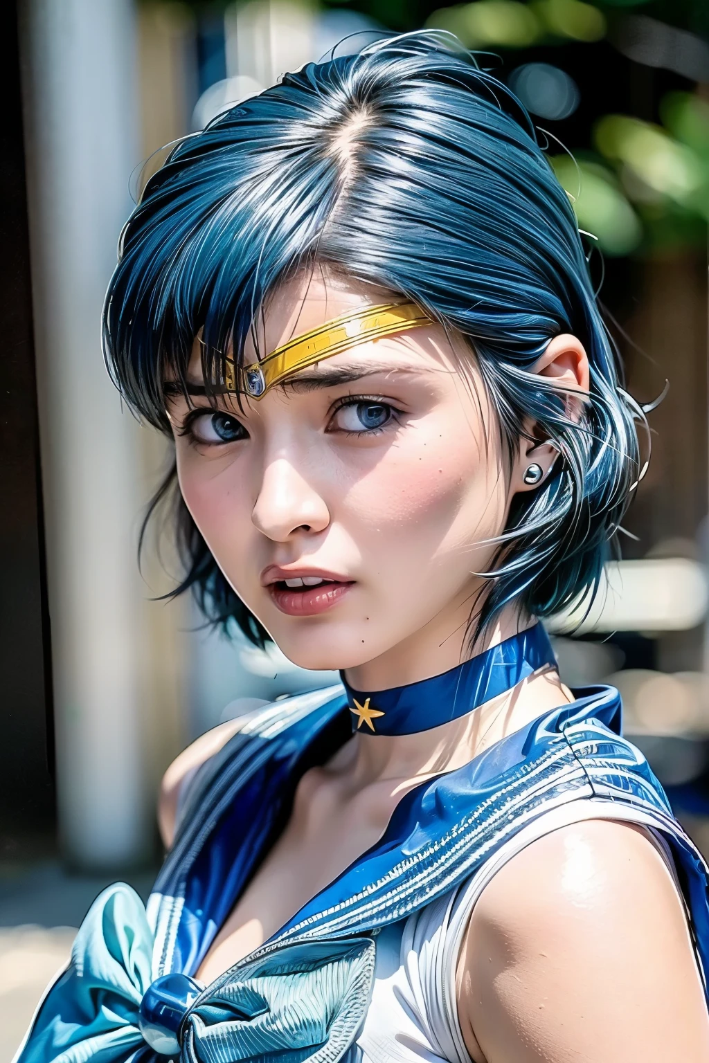 (realistic, photo-realistic:1.4), (best quality,masterpiece:1.2), RAW photo, high resolution, intricate details, extremely detailed, sharp focus, cinematic lighting, (full body, frontal photography), solo, 1girl, sailor mercury, mer1, AmiMizuno, a Japanese female idol wearing a sailor senshi uniform, smuniform, (jewelry, circlet, crescent earrings, blue sailor collar, neck ribbon, blue knee boots, white elbow gloves, blue choker, blue skirt), (short hair), (blue hair:1.8), model pose, (detailed face, detailed eyes, beautiful pupils, sophisticated nose), pale skin, fine-textured skin, (perfect anatomy, prefect hands), photo background, outdoors,