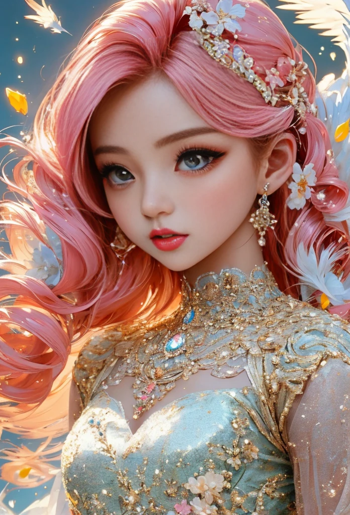 1girl, beautiful detailed eyes, beautiful detailed lips, extremely detailed face, long eyelashes, elegant slender shoulders, delicate and sexy collarbone, alluring goose egg face, double eyelids, smart peach blossom eyes, pink lips, small upturned nose, ultra HD, super detailed, full body, very thin and translucent, pink hair, perfect proportions, four fingers and one thumb