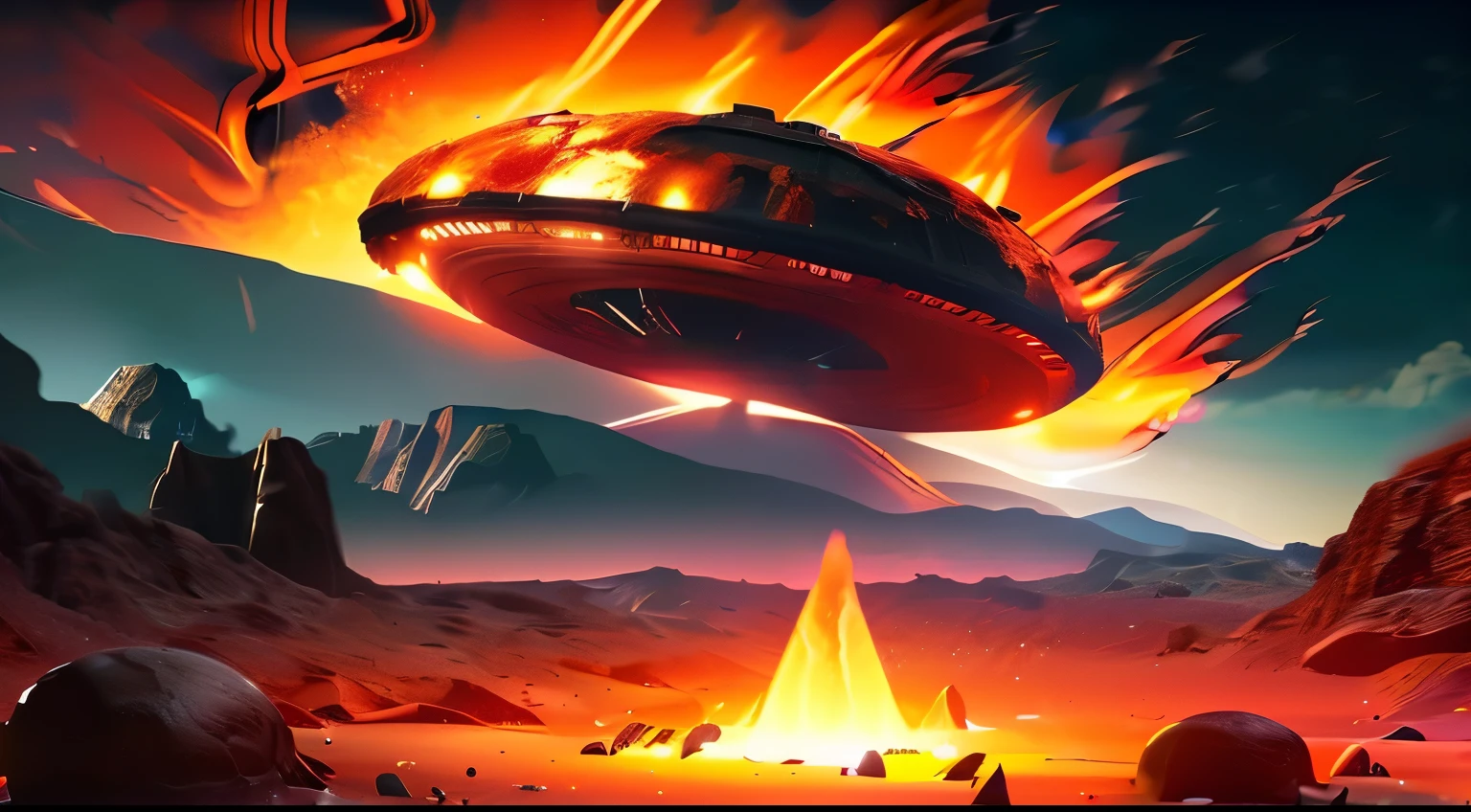 a giant falling UFO crashing into a rocky martian landscape, massive explosions and flames, dramatic sci-fi scene, cinematic lighting, hyper detailed, 8k, photorealistic, dramatic, epic, moody, dark, dramatic sky, volumetric lighting, dynamic