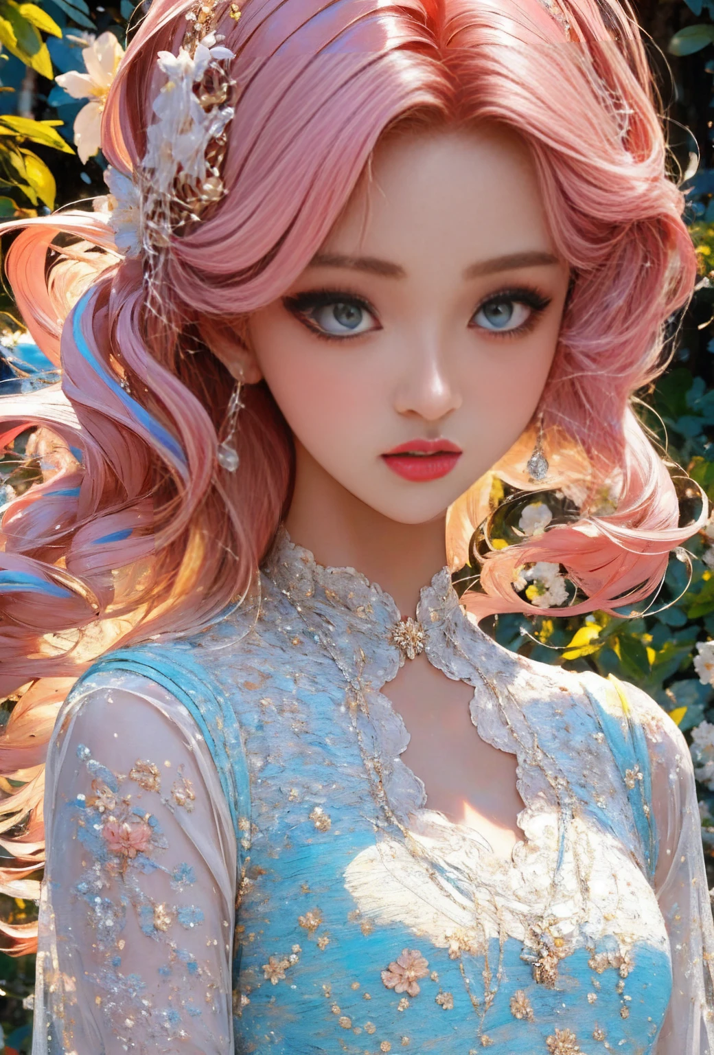 1girl, beautiful detailed eyes, beautiful detailed lips, extremely detailed face, long eyelashes, elegant slender shoulders, delicate and sexy collarbone, alluring goose egg face, double eyelids, smart peach blossom eyes, pink lips, small upturned nose, ultra HD, super detailed, full body, very thin and translucent, pink hair, perfect proportions, four fingers and one thumb