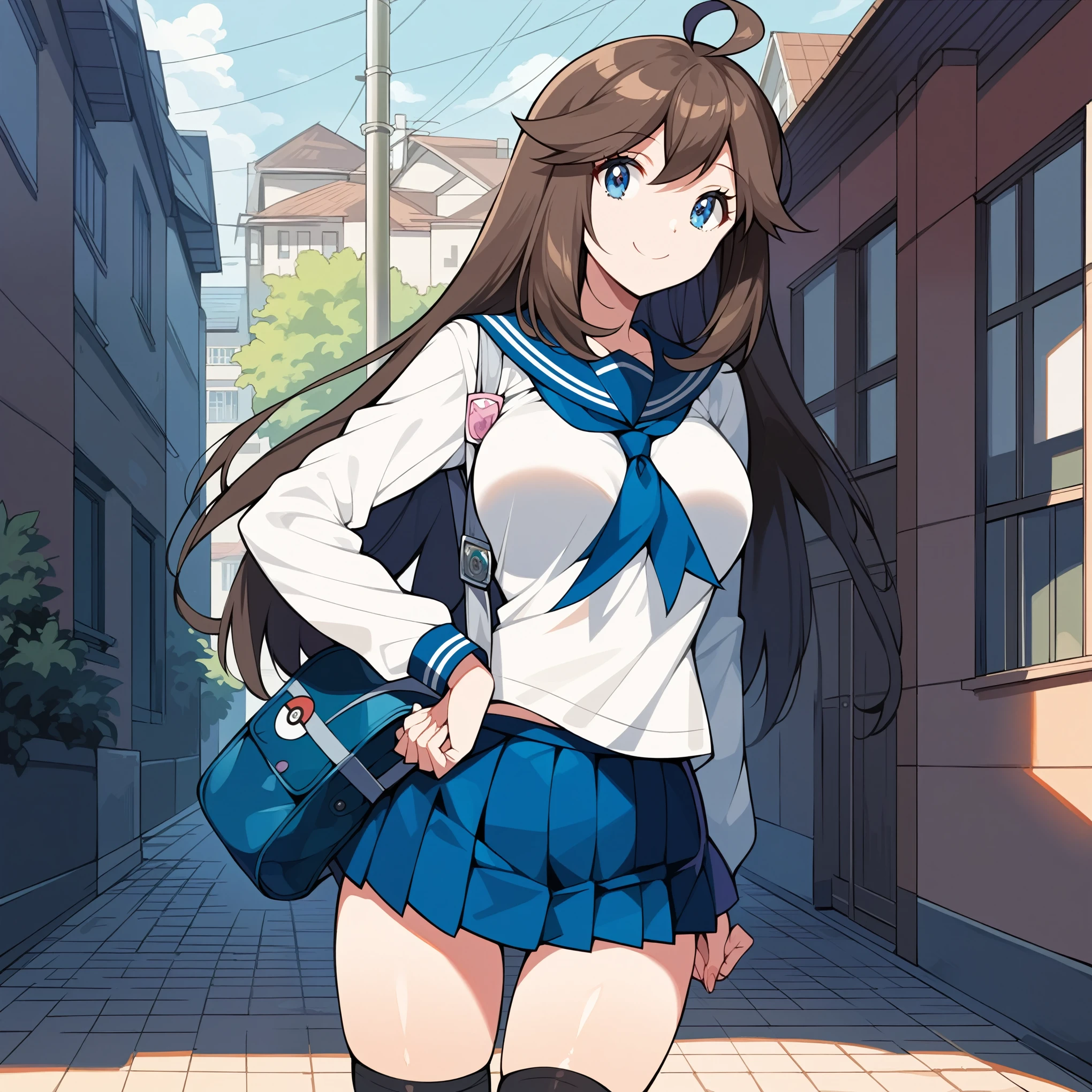 Anime girl in a short skirt and a white shirt with a blue bag - SeaArt AI