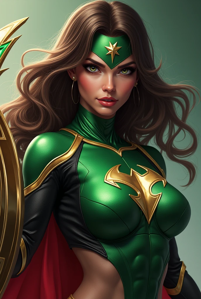 (chef-d'ouvrages d'art), (best quality), (photorealistic:1.3), 8K, detailed skin texture, detailed fabric texture, beautiful detailed face, intricate details, Ultra detailed, Ambre entendue, Mera dans la tenue verte du film Aquaman, dark red straight hair, (corps pleine longueur:1.2)