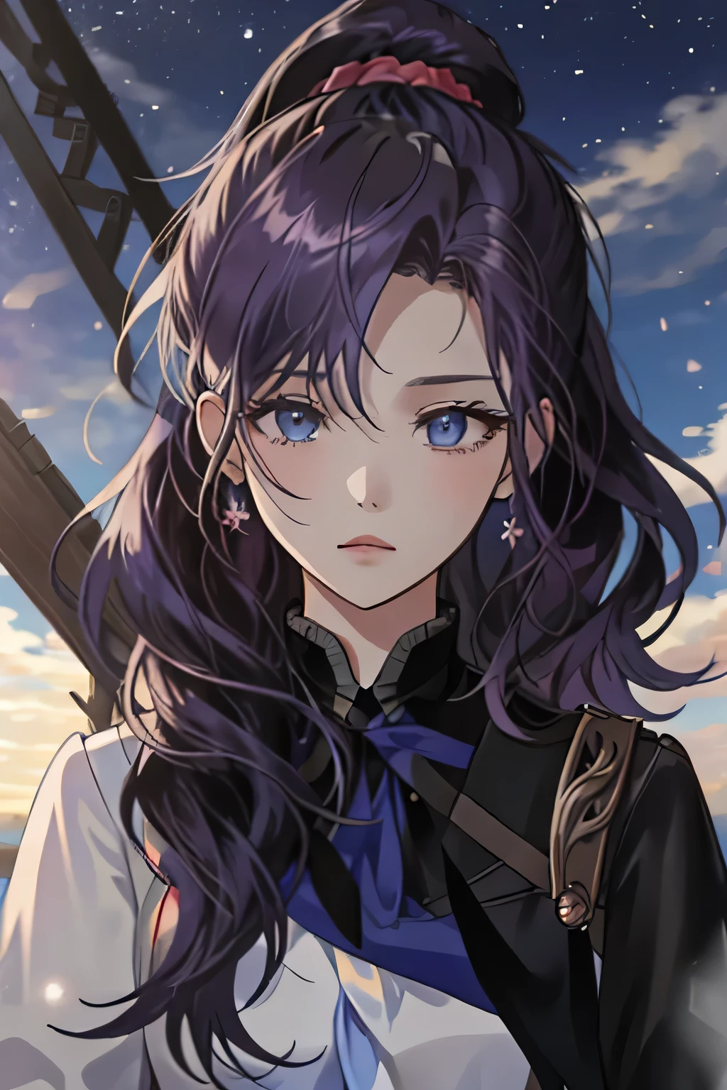 (8k, HD, best quality, intricate details, dark colors, masterpiece: 1.2) 1girl, solo, long hair, shiny hair, purple hair, blue eyes, ponytail, scrunchie, high ponytail, asahina mafuyu, project sekai, shadowed face, expressionless, downcast shadowed face, dull eyes, sailor uniform, {{raised right hand}}