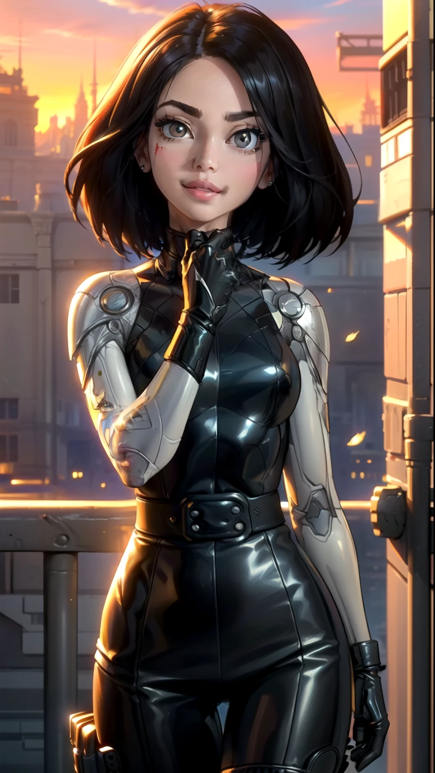 ((ultra quality)), ((Masterpiece artwork)), Alita battle angel, ((blackw, shorth hair)) (Beautiful cute face), (beautiful female lips), enchanting, ((excited expression)), looks at the camera with a gentle smile, eyes are slightly closed, (white skin color), Body shine, ((beautiful detailed female eyes)), ((lightbrown eyes)), (juicy female lips), (beautiful female hands), ((perfect female figure)), perfect female body, beautiful waist, fully body, beautiful thighs, beautiful breasts, ((subtle and beautiful)), he is, (close do rosto), (Alita costume) fund: cyberpunk city, beautiful sunset, ((Depth of field)), ((high quality clear image)), (sharp details), ((highy detailed)), realisitic, professional photo session, ((Focus Clear)), the anime