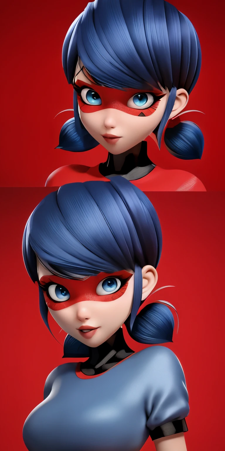 Dark blue, bob-cut hair with red-tipped ponytail, blue eyes, light makeup with winged eyeliner, Sluty expression, D size cup tits, bubble ass, full body, pussy shown