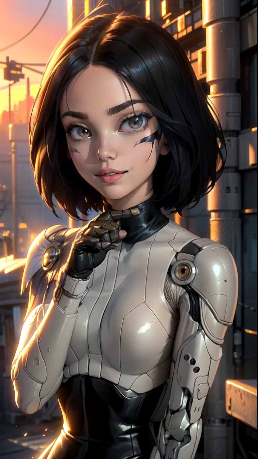 ((ultra quality)), ((Masterpiece artwork)), Alita battle angel, ((blackw, shorth hair)) (Beautiful cute face), (beautiful female lips), enchanting, ((excited expression)), looks at the camera with a gentle smile, eyes are slightly closed, (white skin color), Body shine, ((beautiful detailed female eyes)), ((lightbrown eyes)), (juicy female lips), (beautiful female hands), ((perfect female figure)), perfect female body, beautiful waist, fully body, beautiful thighs, beautiful breasts, ((subtle and beautiful)), he is, (close do rosto), (Alita costume) fund: cyberpunk city, beautiful sunset, ((Depth of field)), ((high quality clear image)), (sharp details), ((highy detailed)), realisitic, professional photo session, ((Focus Clear)), the anime