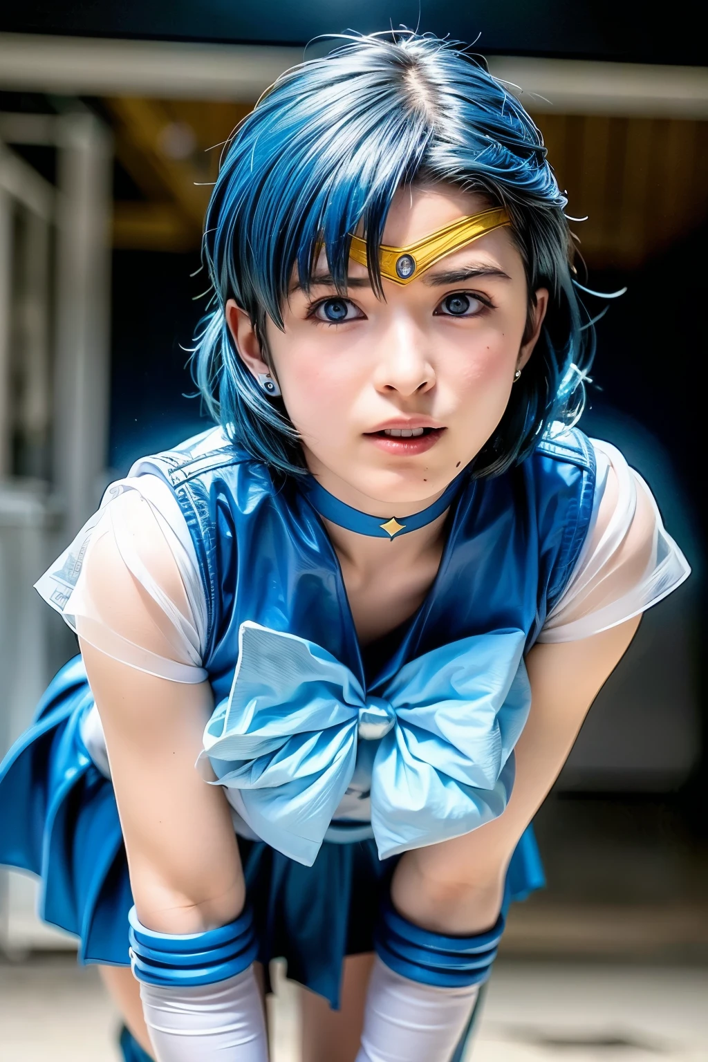 (realistic, photo-realistic:1.4), (best quality,masterpiece:1.2), RAW photo, high resolution, intricate details, extremely detailed, sharp focus, cinematic lighting, (full body, frontal photography), solo, 1girl, sailor mercury, mer1, AmiMizuno, a Japanese female idol wearing a sailor senshi uniform, smuniform, (jewelry, circlet, crescent earrings, blue sailor collar, neck ribbon, blue knee boots, white elbow gloves, blue choker, blue skirt), (short hair), (blue hair:1.8), (face focus, all fours:1.2), (detailed face, detailed eyes, beautiful pupils, sophisticated nose), pale skin, fine-textured skin, (perfect anatomy, prefect hands), photo background, outdoors,