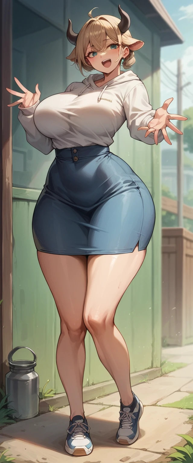 A cute sexy woman beautiful ash blonde hair round short messy cut her slanted orange eye wears white blouse under simple purple shirt and a tight black skirt black heel