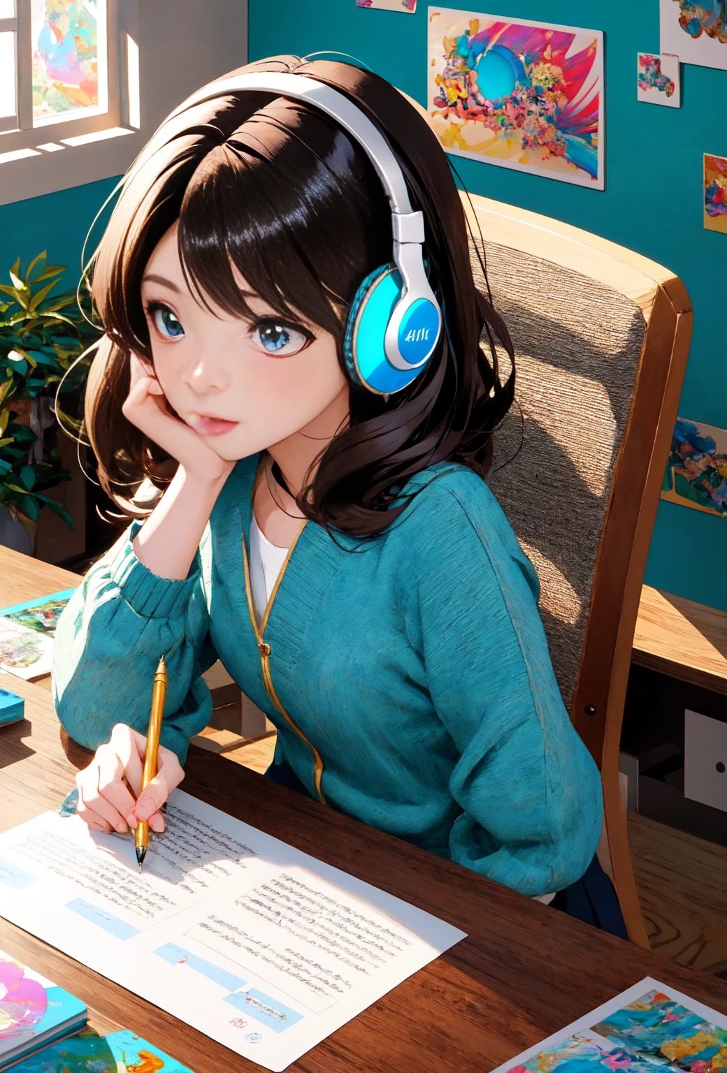 Anime girl sitting at desk with headphones on writing, animation style 4 k, Digital Animation Illustration, Digital Animation Art, animation style. 8k, Animation Moe Artstyle, anime art wallpaper 4k, anime art wallpaper 4k, animation style illustration, Smooth animated CG art, detailed Digital Animation Art, Anime Art Wallpaper 8 K, Realistic animated 3D style