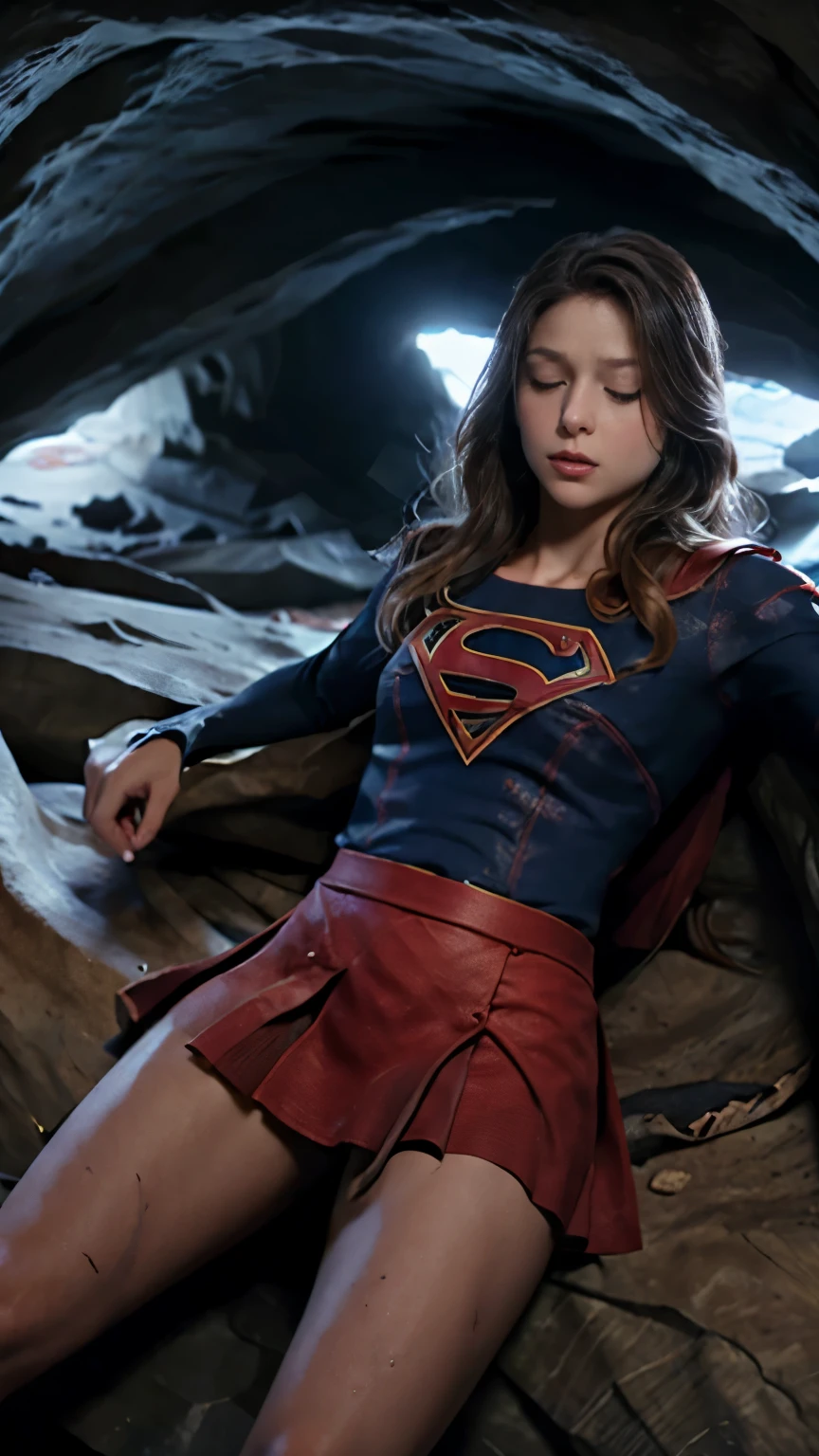 supergirl, (((laying down on the cave wall))), ((sleeping)), ((unconscious)), eyes close, she is wearing red skirt, (skirt is tattered:1.2), (tatter skirt:1.6), open her legs, can see blue panties, pantyhose, boots, Melissa Benoist, beautiful face, hyper detailed face, hyper realistic, shot from below, ((whole body visible:1.5)), full body shot, laying crucifixion on the bed, crucified, arms are bounded by tentacles, bound by tentacles, torn costume:1.5