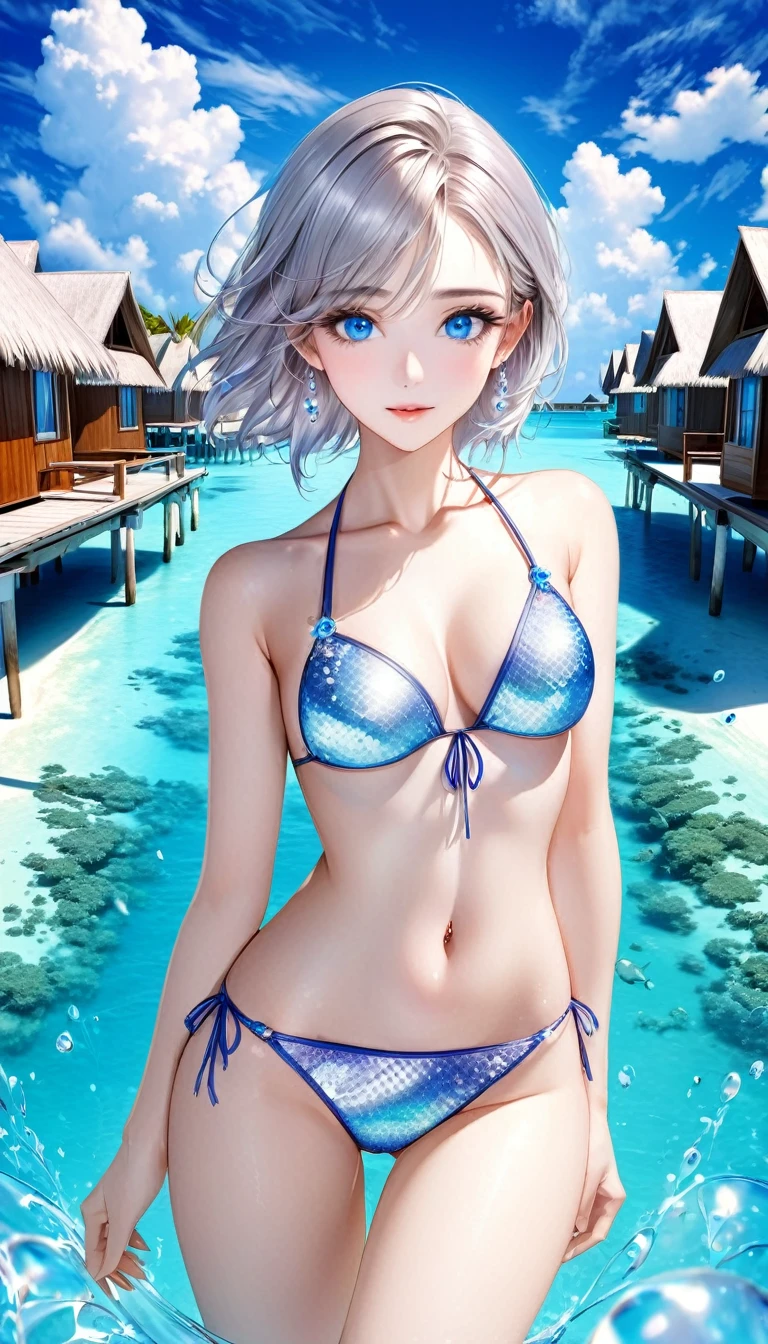 Cute beauty, Silver one-sided tail, (attractive and seductive) and (amorous and lewd) Performance, compensate, blue eyes, Glamorous proportions, Wearing an open hood, Pearl platinum crystal beaded bikini, Maldives overwater cottages in the background, (Super detailed, The absolute solution, Highest quality:1.3), 2.5D, delicate and dynamic effects, Iris Effect, artistic, Hyper, Graphics CG Digital Art