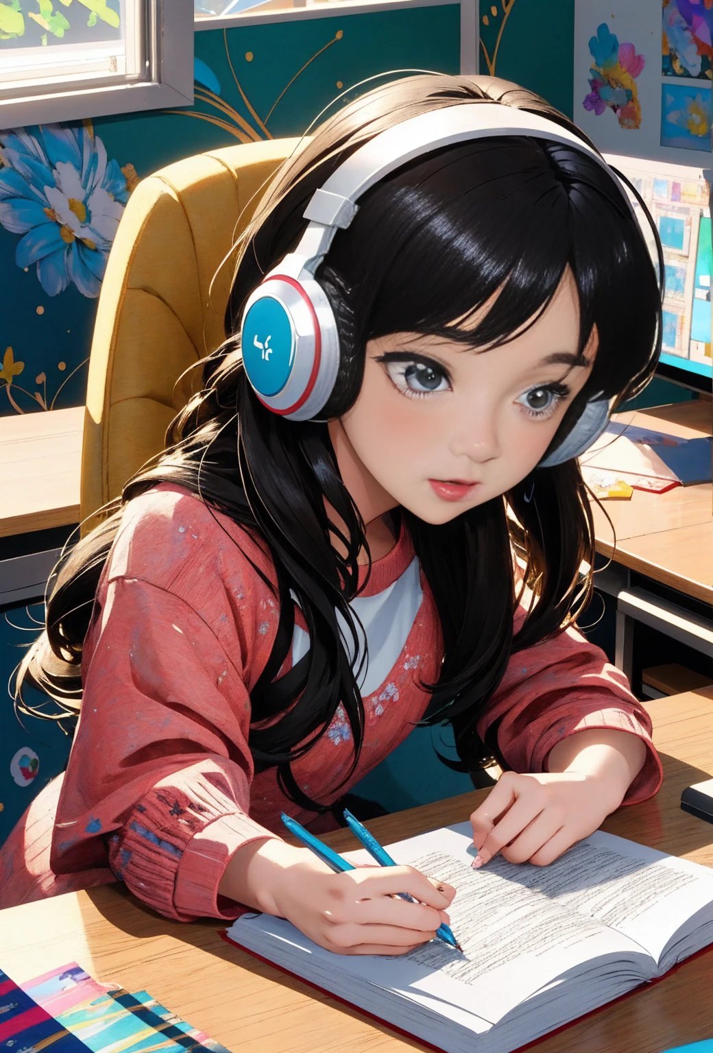 Anime girl sitting at desk with headphones on writing, animation style 4 k, Digital Animation Illustration, Digital Animation Art, animation style. 8k, Animation Moe Artstyle, anime art wallpaper 4k, anime art wallpaper 4k, animation style illustration, Smooth animated CG art, detailed Digital Animation Art, Anime Art Wallpaper 8 K, Realistic animated 3D style