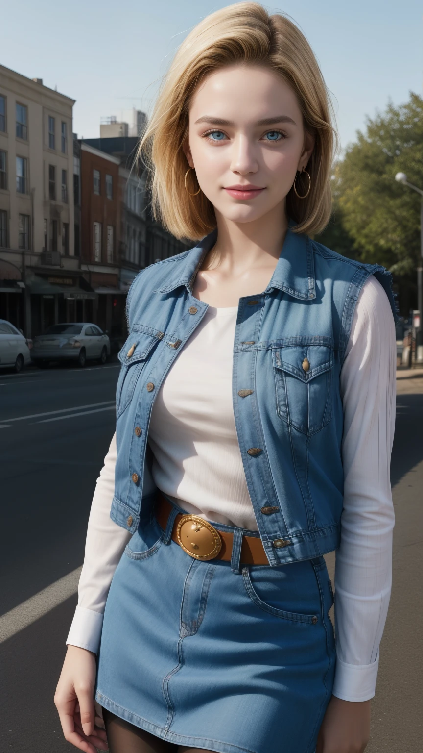 (photo realistic:1.4), (hyper realistic:1.4), (realistic:1.3), (smoother lighting:1.05), (increase cinematic lighting quality:0.9), 32K, 1girl,20yo girl,android 18, 1girl, solo, (blue eyes), short hair, blonde hair, earrings, very realistic skin, sweat, light on face
denim skirt, blue skirt, pencil skirt, black shirt, torn shirt, long sleeves, striped sleeves, brown belt, black pantyhose, denim vest, blue vest, large breasts
smile,closed mouth,cowboy shot,
city ,outdoor, sunny,
,Realistic,8K RAW Photos,Travel style, HDR, high contrast